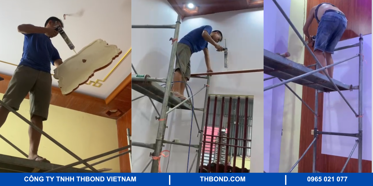 Hình ảnh thợ thi công sử dụng keo dán đa năng THbond dán tấm nhựa ốp tường
