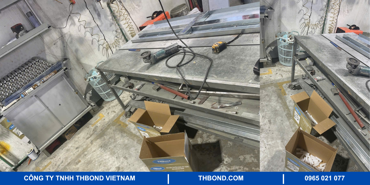 Hình ảnh sử dụng keo dán đa năng THbond trong thi công thang máy