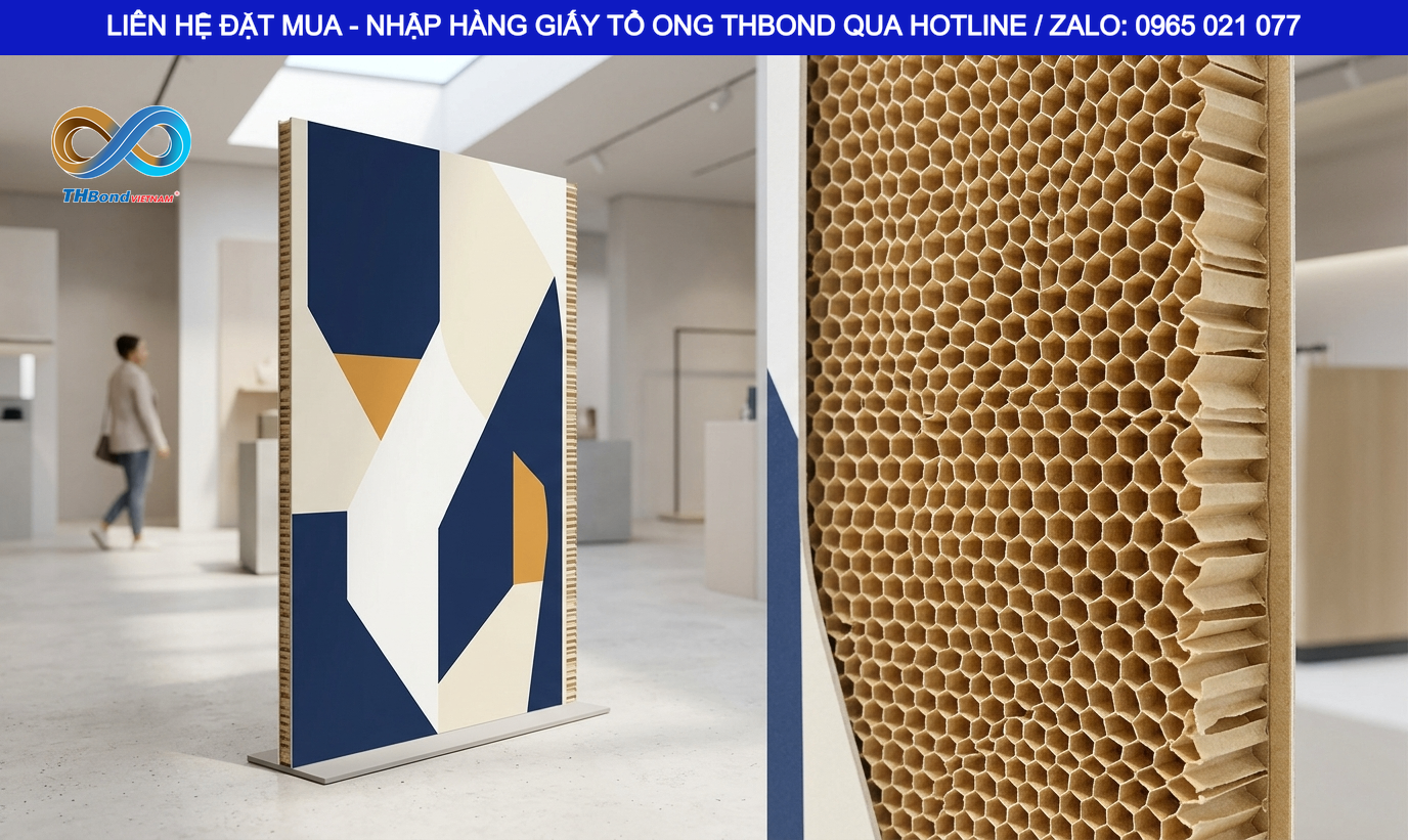 Giấy tổ ong tấm THBond với lõi ô lục giác và lớp giấy mặt, phù hợp nhiều kết cấu panel nhẹ, nặng, đáp ứng nhiều kích thước khổ ngang x rộng