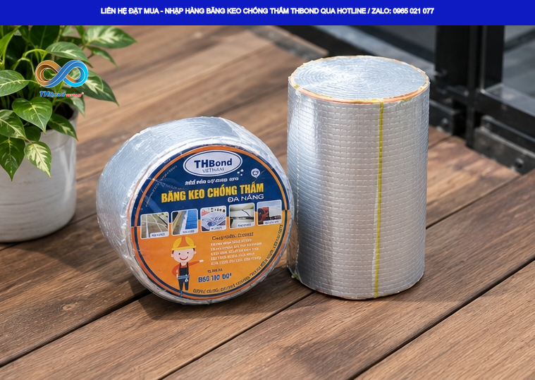 Băng keo dán ngói THBond có cấu tạo lớp keo butyl kết hợp màng nhôm bạc, hỗ trợ tăng khả năng bám dính và bảo vệ vị trí thi công ngoài trời.