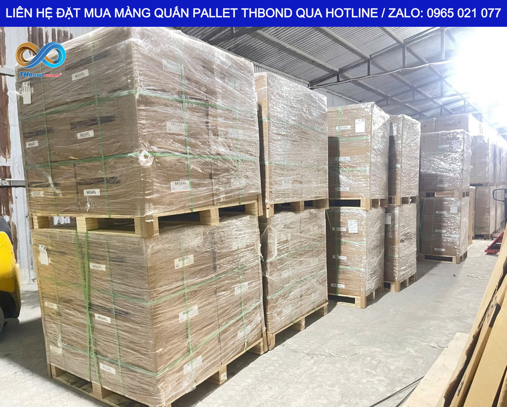 THBond cung ứng Màng Co PE Quấn Pallet MTH899 giúp cố định kiện hàng chắc chắn trên pallet trong quá trình lưu kho và vận chuyển.