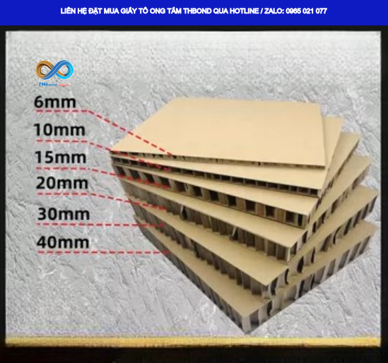 Giấy tổ ong tấm với nhiều kích thước, độ dày. THBond có thể cung ứng nhiều giải pháp giấy tổ ong đến quý khách hàng. Liên hệ để đặt mua giấy tổ ong tấm dỳ 10mm, 20 mm, 30 mm, 40mm, 50mm, 60mm, 70 mm…