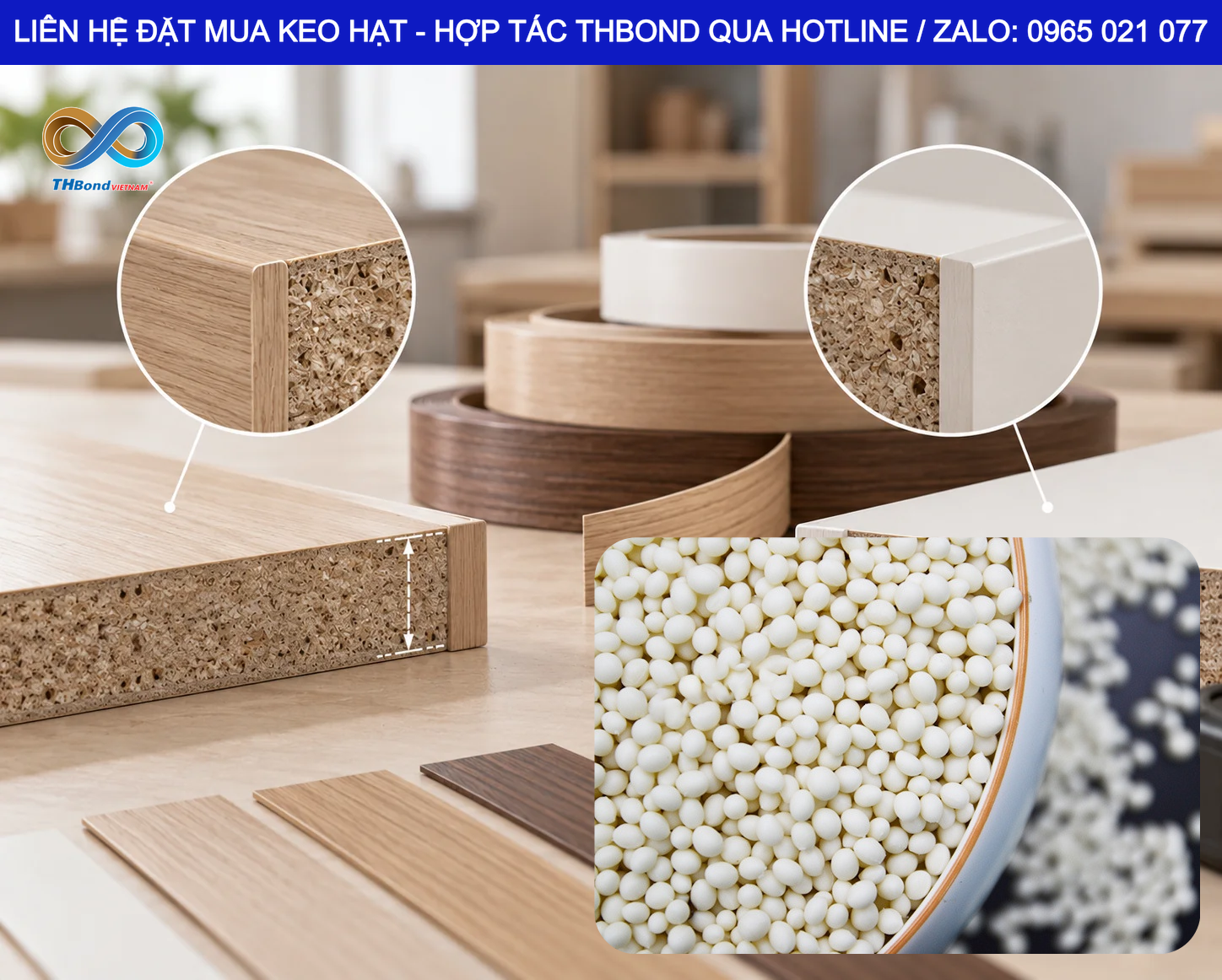 Keo hạt dán cạnh 7006 của THBond có dải nhiệt độ sử dụng 140–160°C, giúp xưởng sản xuất lựa chọn keo theo điều kiện gia công trong dải nhiệt cao.