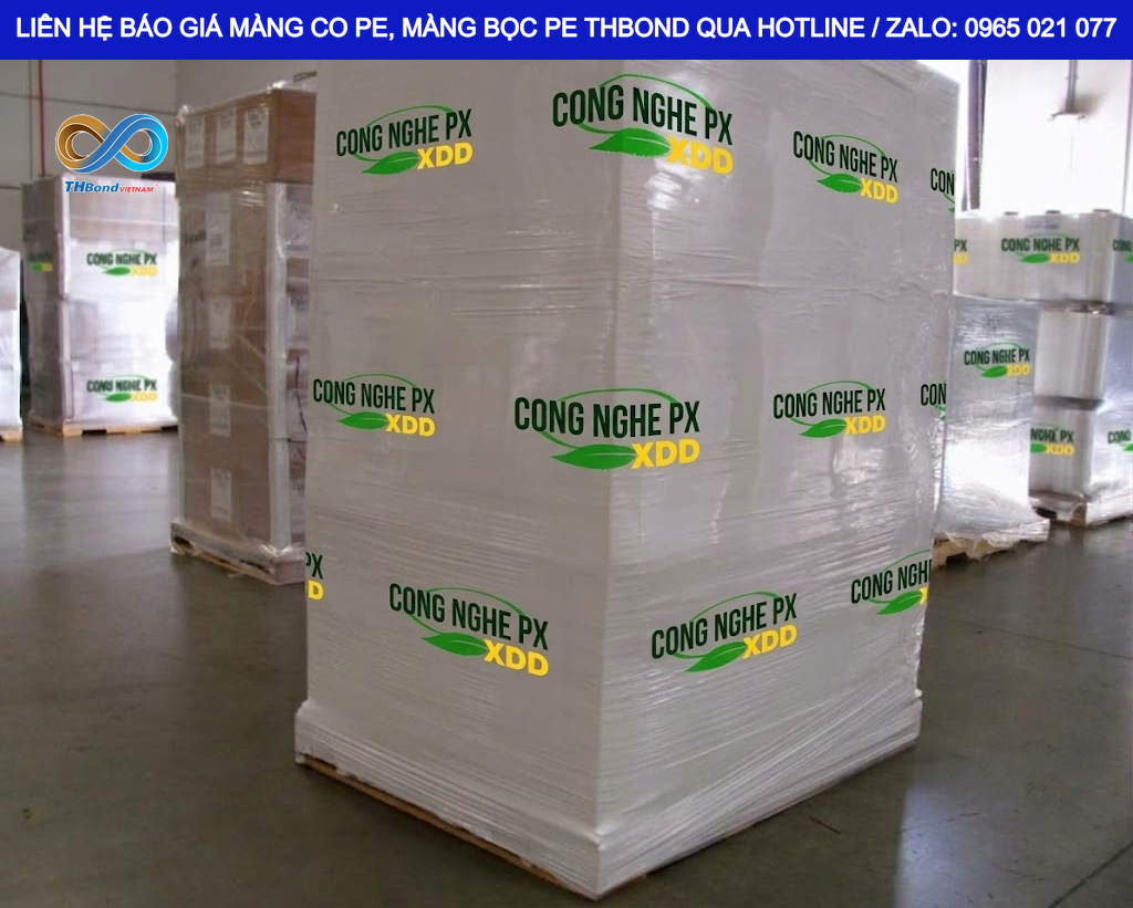 THBond cung cấp màng co PE in logo, In thương hiệu và thông tin sản phẩm theo yêu cầu riêng của doanh nghiệp.