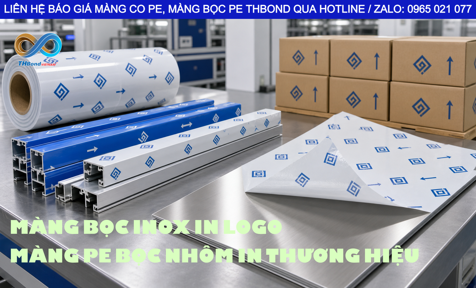 Màng chít in thương hiệu, in thông tin sản phẩm, logo THBond phục vụ nhu cầu quấn kiện hàng trong sản xuất và kinh doanh.