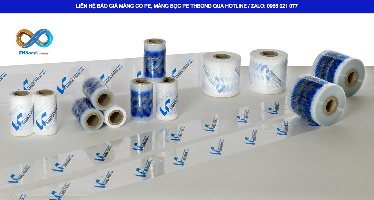 Màng PE in logo thương hiệu THBond dành cho hàng hóa cần gom kiện và lưu kho.