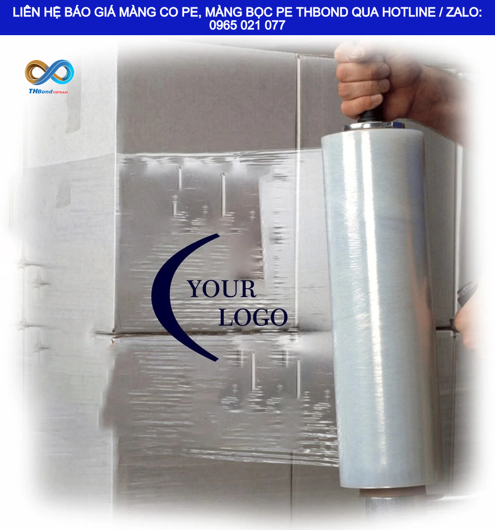 THBond cung ứng màng PE in logo dùng để quấn pallet hàng hóa trước khi vận chuyển.