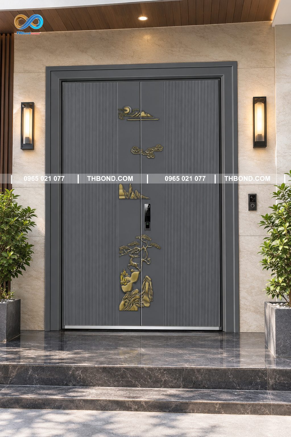 Huỳnh pano 5D Cây Tùng TH-8889 của THBond phù hợp với nhiều thiết kế cửa thép vân gỗ, giúp nâng tầm giá trị bộ cửa
