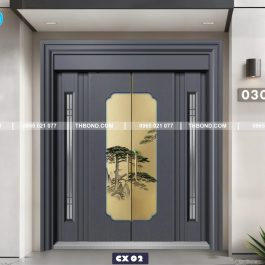 Họa tiết cây tùng tạo điểm nhấn vững chãi, giúp cánh cửa 5D mang diện mạo sang trọng và giàu bản sắc.