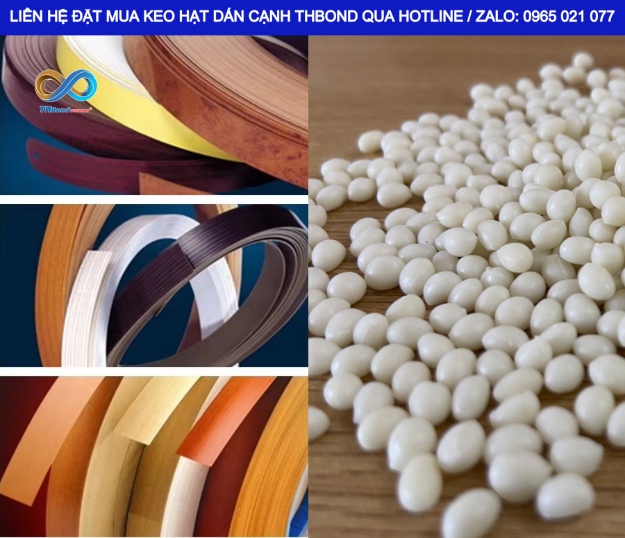 Keo Hạt Dán Cạnh THBond kết hợp với máy dán cạnh giúp đưa keo nóng chảy qua con lăn, ép chỉ vào cạnh ván và tạo liên kết khi keo nguội.